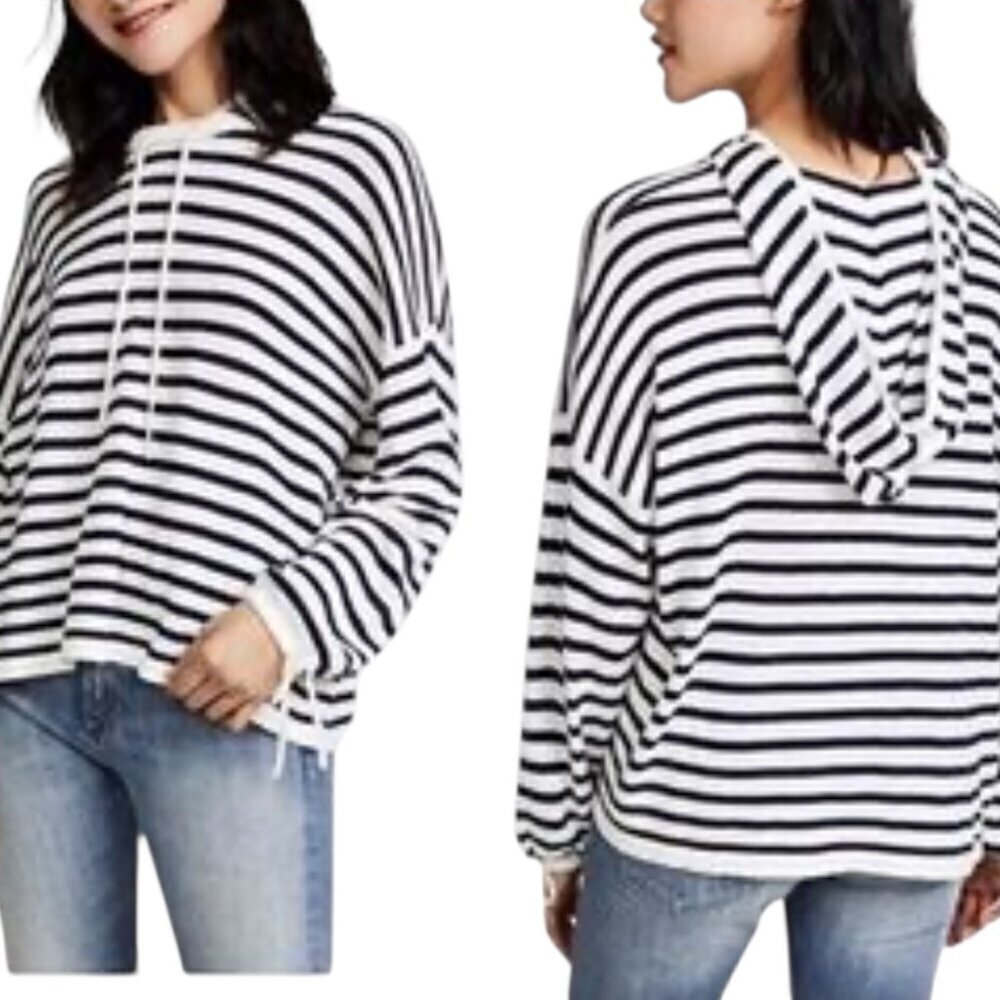 Splendid Striped Hoodie Sweater Navy White Tie Sleeve Medium